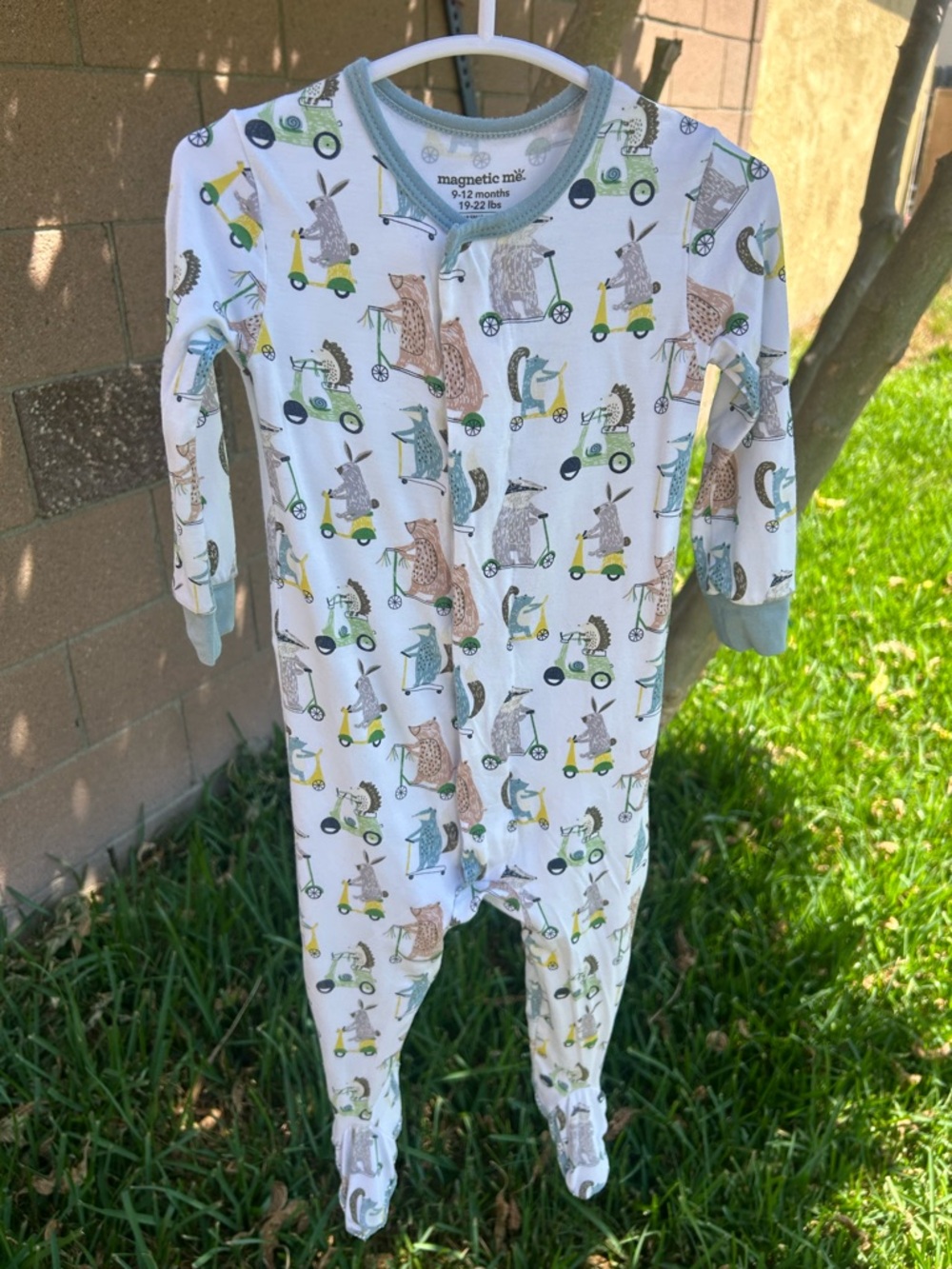 Magnetic Me White Footed One-Piece with Green and Yellow Scooter Animal Print
